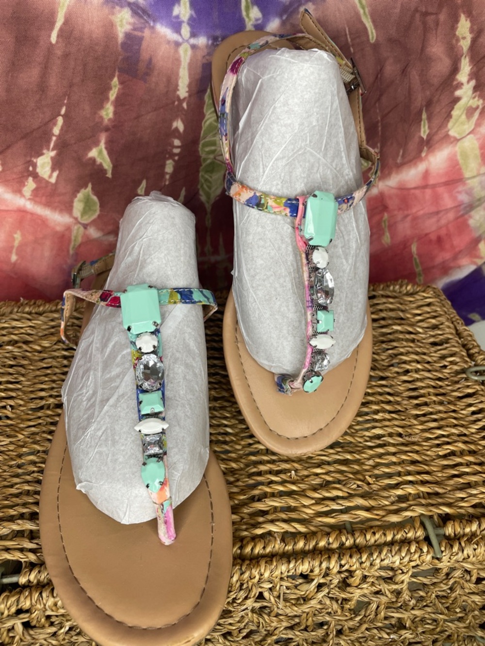 Bar lll Fabric Adjustable T Strap Jeweled & Fabric Sandals Sz 7 Mint!